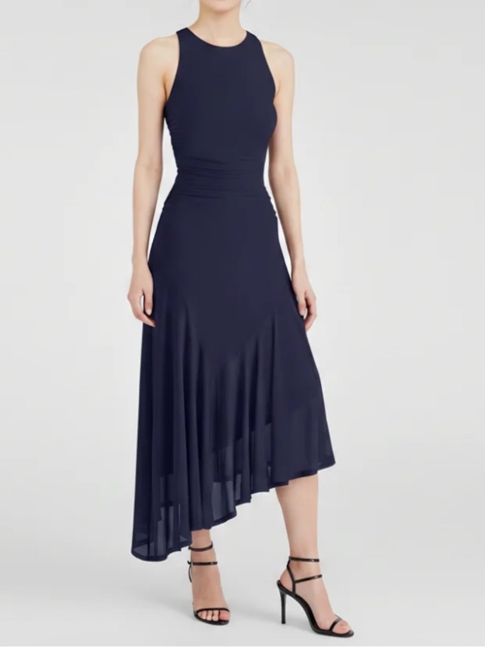 Steve Madden Laney Ruched Mesh Dress Navy Small NWT Sleeveless Asymmetrical